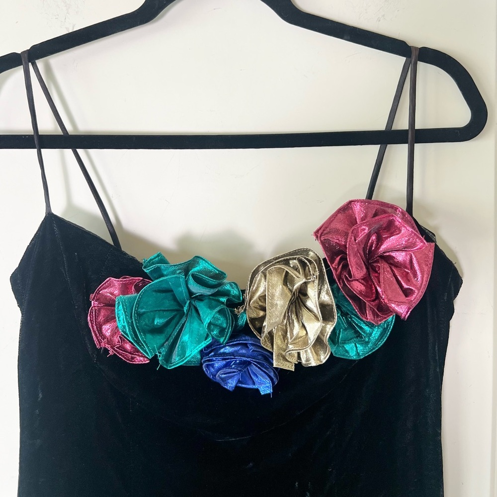 Vintage Gunne Sax Black Velvet Mini Dress Jessica McClintock Metallic Rosettes - Picture 2 of 13
